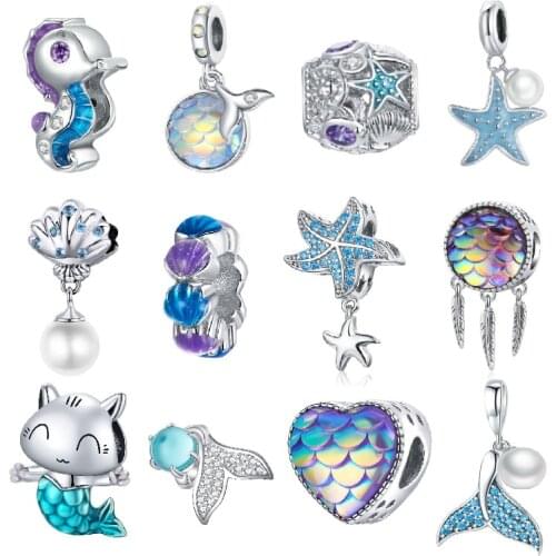 BISAER Ocean Blue Charm 925 Sterling Silver Starfish Mermaid Beads Pearl Charms Fit Original Bracelet Pendants Jewelry ECC1985