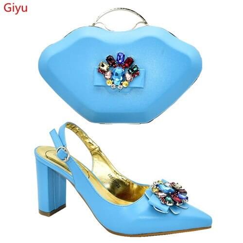 Doershow sky blue shoe and bag set for party Italian shoe with matching bag new design lady matching shoe and bag!!HMS1-10