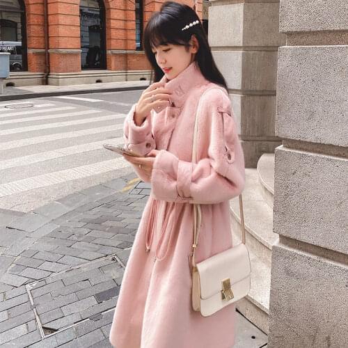 Women 2021 Autumn Winter New Fashion Faux Mink Coats Female Thick Warm Jackets Drawstring Waist Casual Overcoats Outwear C125