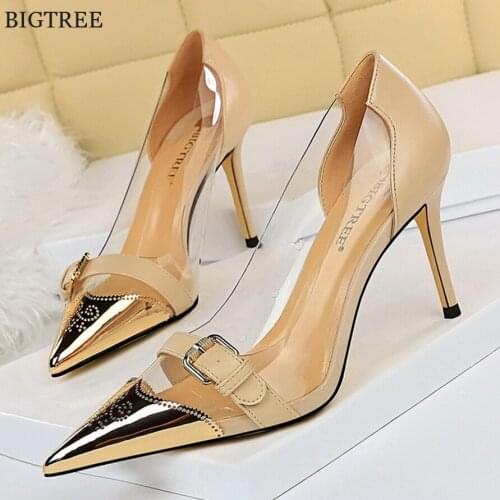 Autumn Sweet Crystal Buckle Pointed Toe Women Pumps Concise Solid Silk Shallow Female 10.5cm Super High Heels Shoes Wedding Shoe