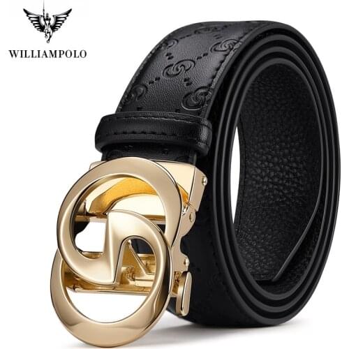 WILLIAMPOLO 2021 Genuine leather mens belt high-quality luxury Cowskin fashion letter pattern alloy automatic buckle business