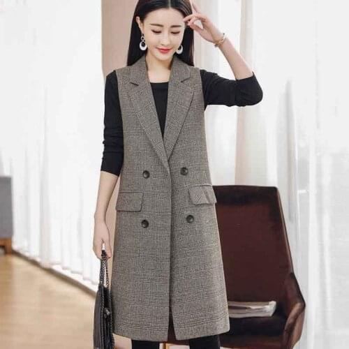 2020 New Spring Autumn Vest Womens Slim Plaid Waistcoat V-Neck Fashion Casual Vest Female Sleeveless Long Jacket Vest A217