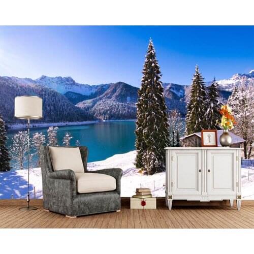 Papel de parede Lake Mountains Winter House Snow Spruce Nature wallpaper,living room TV sofa wall kitchen wall papers home decor
