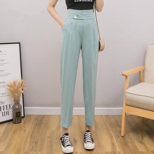 2021 Spring Autumn OL Style Button Women Formal Harem Pants Pockets High Waist Elegant Office Lady Ankle-Length Pants Female