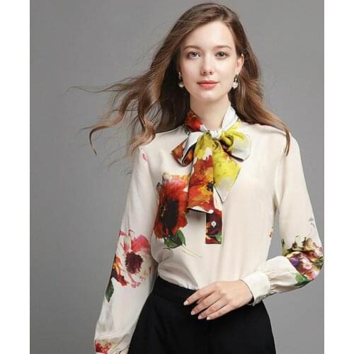 Spring Fall Fashion Women Female Long Sleeve Printed Floral Bow Blouses Tops , Ladies Womens Flower Print Tie Neck Blouse Top