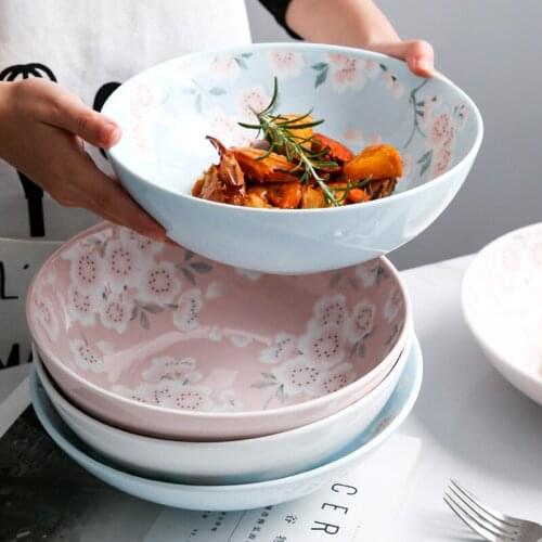 Japanese Girl Pink Cherry Blossom Ceramic Tableware Household Salad Pasta Large Soup Bowl 9 Inch Instant Noodles Bowl