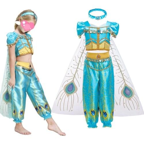 Aladdin Goddess Jasmine Dress Suit Girl Party Vestidos Girl Costume Birthday Princess Dress Children Clothing BX1638