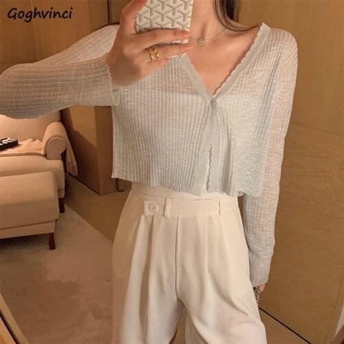 Single Button Solid Cardigans Women Long Sleeve Sun Protection V-neck Knitted Shawl Sweaters Korean Style Gentle Leisure Outwear