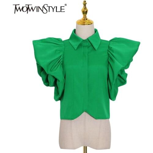 TWOTWINSTYLE White Ruffle Shirt For Women Lapel Short Sleeve Vintage Large Size Elegant Blouse Female New Clothing 2020 Summer