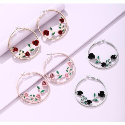 Origin Summer Elegant Pink Red Black Color Rose Metallic Earrings for Women Ladies Hollow Big Circle Dangle Earrings Accessories