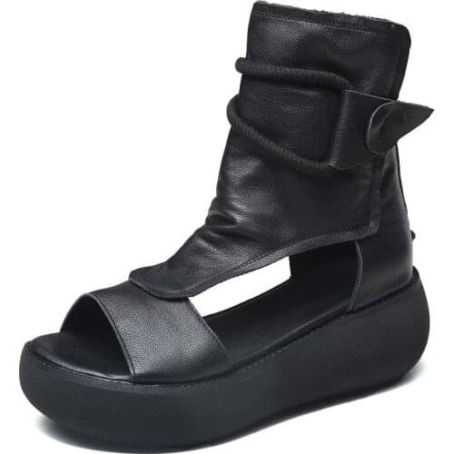 Retro Wedges Heel Sandals for Women Fashion Summer Cool Boots High Top Genuine Cow Leather Open Toe Back Zipper Platform Sandals