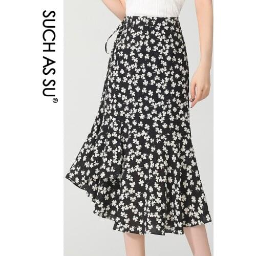 WomenS Summer Skirts 2021 Flowers Chiffon Mid Long Mermaid Skirt Elastic High Waist S-3XL Plus Size Slim Ruffle Skirt Female