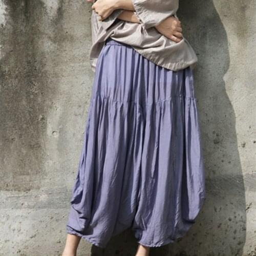 Johnature Women Solid Color Pleated Ankle-Length Pants New 2021 Spring Vintage Loose Elastic Waist Irregular Harem Pants