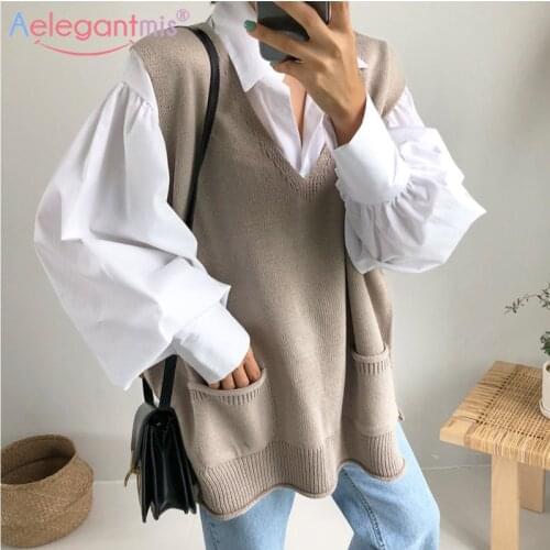 Aelegantmis Oversized Loose Knitted Vest Sweater Autumn Women V Neck Sleeveless Sweaters Ladies Knit Jumper Chic Waistcoat Tops