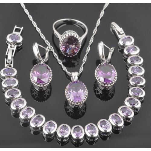 Purple Crystal Jewellery Sets For Women Wedding Jewelry Bracelet Costume Bridal Earrings And Necklace Set Pendant Ring QS0195