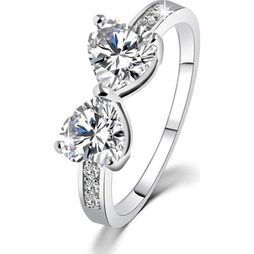 2 Hearts Shaped Silver Plated Jewelry Ring For Women Girls Antique CZ Rhinestone Crystal Wedding Band Engagement Rings