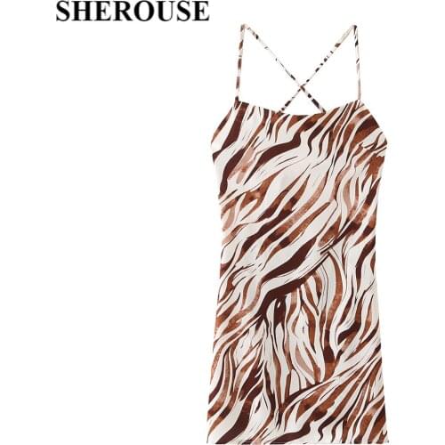 2021 Women Fashion Printed Backless Party Mini Dress Cowl Neck Cross Thin Straps Vintage Female Dresses Vestidos Mujer
