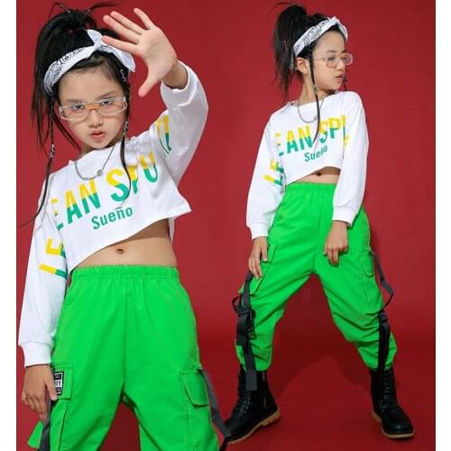 2020 Girls Street Dance Clothes For Kids Ballroom Hip Hop Dance Costumes Long Sleeve Tops Green Pants Performance Wear SL4068