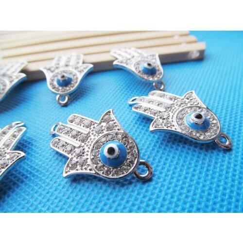 3pcs Silver tone Sideway The hand of Fatima Hamsa Connector Pendant Charm/Finding,31pcs White Rhinestone & 1pcs Blue Evil Eye
