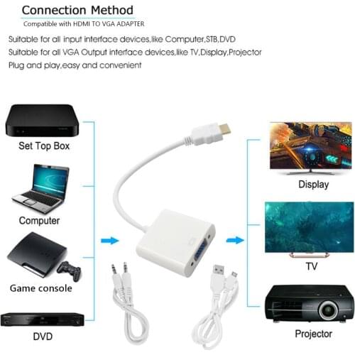 HDMI-Compatible to VGA Adapter Male to Female Converter with 3.5 mm Audio Cable+Power Cable for Projector HDTV Laptop PC Monitor