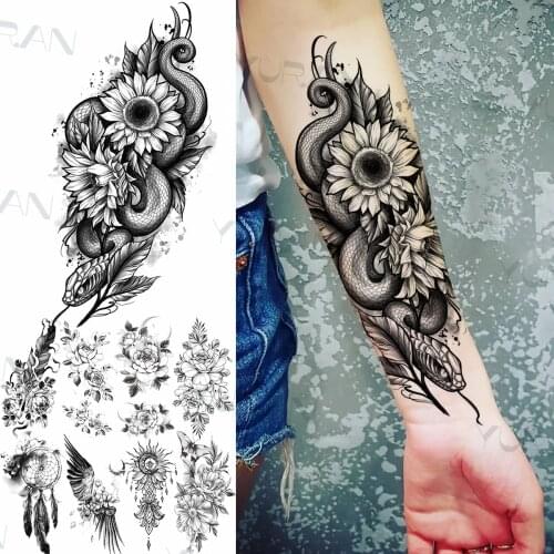 Black Mamba Snake Sunflower Temporary Tattoos For Women Adults Serpent Pendant Wing Tatoos Feather Butterfly Fake Tattoo Sticker