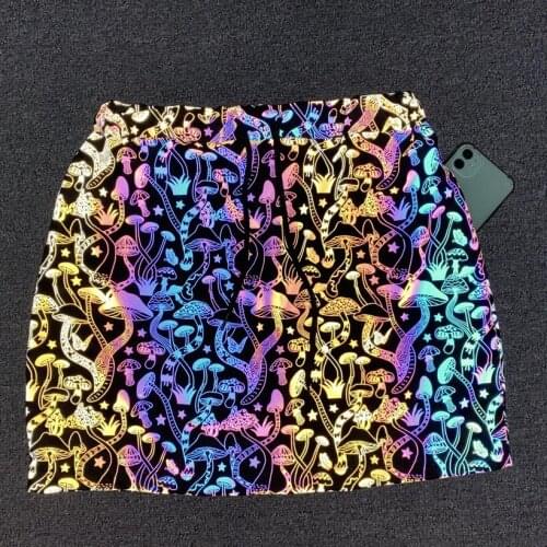 Colorful mushroom reflective skirt summer woman night reflect light kawaii mini skirts personality fashion party jupe