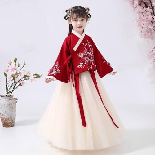 Flower Girl Dress Chinese Tradition Girls Birthday Party Clothes Kids Performance Costume Long Sleeve Children Embroidery Dress