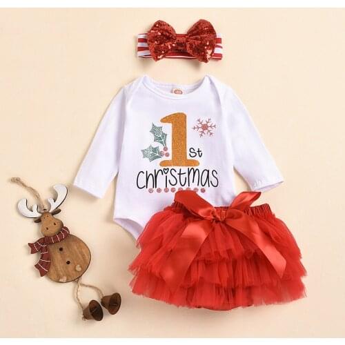Baby Girl My First Christmas Outfits Long Sleeve Romper + Tutu Skirt + Bow Headband 3Pcs Clothes Set Outfits 0-24months