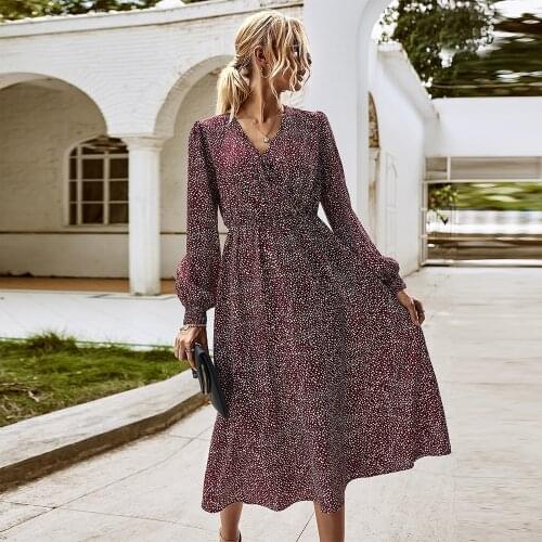 Jastie 2020 Fall Long Dress Women Floral Print Boho Dress Long Sleeve V neck Midi Dress Ladies Elegant Casual Dresses Vestidos