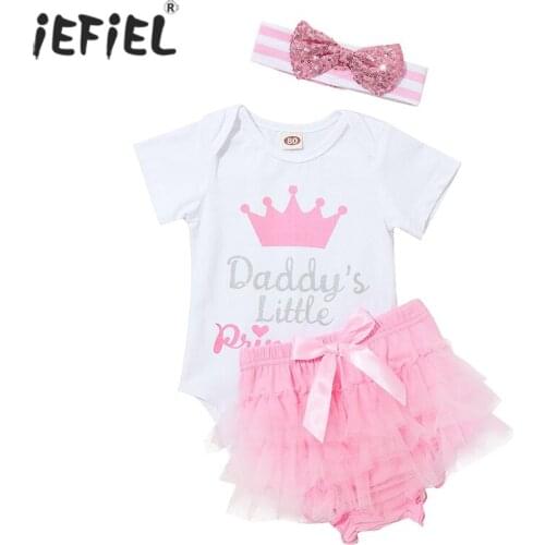 3Pcs Set Newborn Baby Girl Daddys Princess Romper Tops Mesh Tutu Shorts Headwear Summer Outfit Kid Girls Bodysuit Clothes