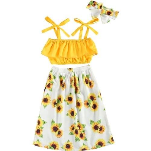 OPPERIAYA Baby Girls Three Piece Summer casual Set Lace Up Solid Color Strap Tops Flower Printing Skirts HairBand for Kids