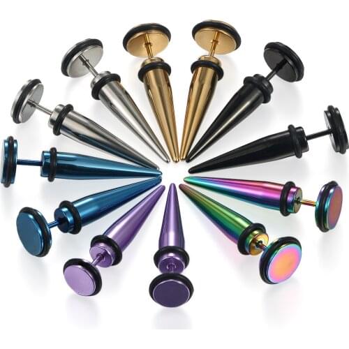 Boniskiss 6 Pairs Hip Hop Mixed Color 16G Stainless Steel Taper with O Ring Fake Cheater Illusion Ear Plug Earrings