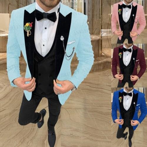 2021 Fashion Jacquard Sky Blue Suits Men Tailored Formal Groom Wedding Dress Tuxedo Jacket Luxury Blazer Vest Pants 3 Pieces Set