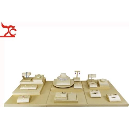 New Jewelry Store Counter Shiowcase Kit Gold PU Ring Earring Necklace Bracelet Display Organizer Holder Stand
