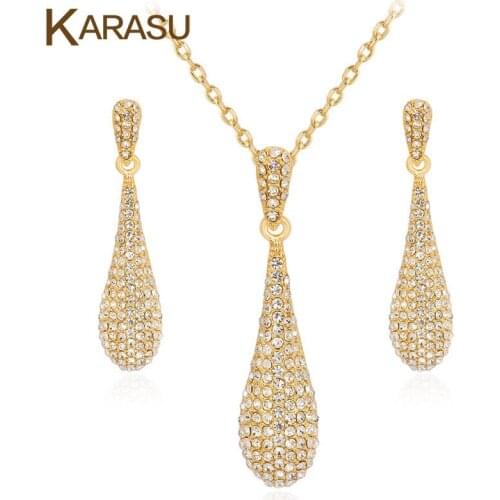 Personality Long Water Drop Necklace Earrings Gold Color Full Rhinestones Jewelry Sets Decorations for Women Bridal Sets