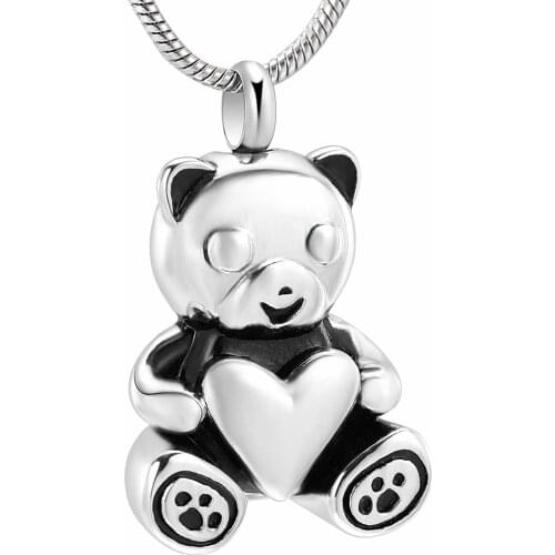IJD10070 Stainless Steel Cute Bear Hold Heart Cremation Pendant Keepsake Ashes Urn Necklace for Pet/Human Memorial Women Jewelry