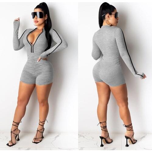 Sexy Pleated Zip Slim One-Piece Nightclub Uniforms plus size gray blue European and American clothes