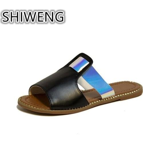 Womens shoes new fashion sequins decorative slippers flat comfortable non-slip slippers outside wear slippers large shoes