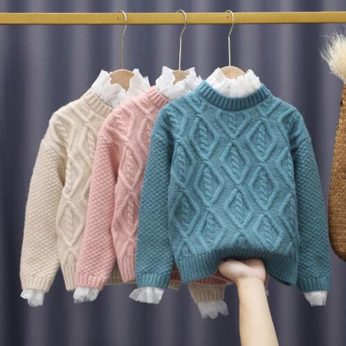 Girls Sweater Winter Thick Warm Kids Knitted Pullover Lace Patchwork Big Girls Clothes Turtleneck Sweater