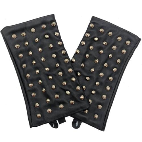 RY852 Women Novelty Soft Real Sheepskin Fingerless Black Gloves Femme Real Leather Golden Rivets Hip Hop Locomotive Mittens