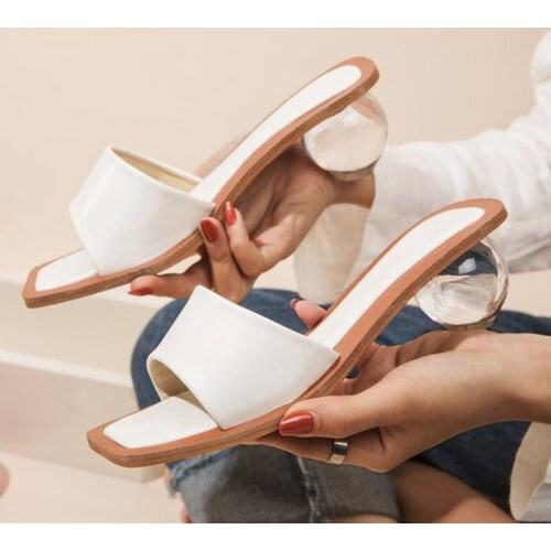 2021 Summer Women Clear Crystal Round Ball Heels Slippers Beach Peep Toe Slides Shoes Woman Flip Flops Sandals Plus Size 35-43