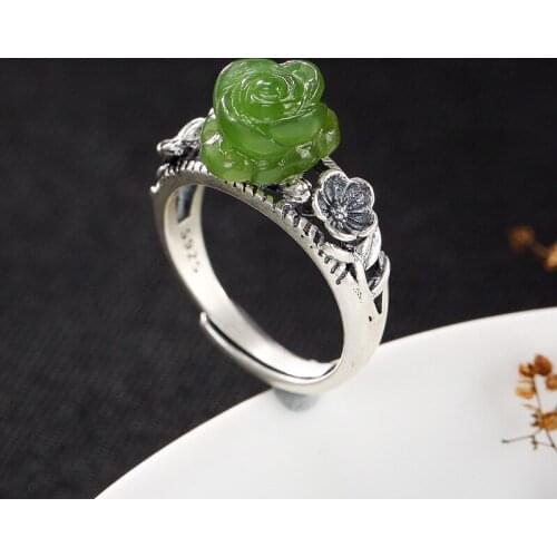 Anel Feminino Rushed Women Jasper Rose 2018 New S925 Pure Natural Hetian Inlay Plum Blossom Female Opening Ring Wholesale Rose