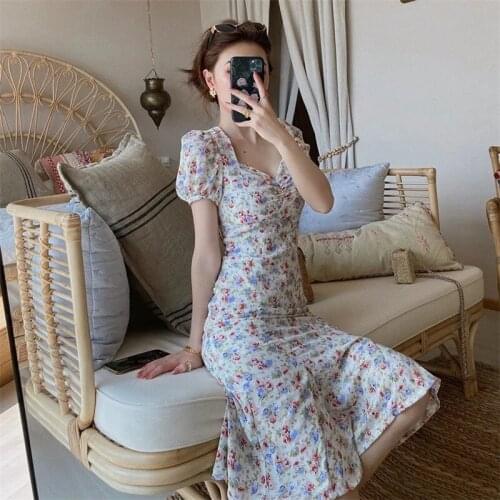 Puff Short Sleeve Women Summer Midi Dress Vintage V Neck Floral Print French Style Sundress Sexy Party Dresses 2021
