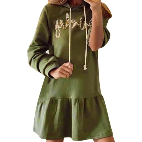 Aesthetic Letters Print Sweatshirts Dress Womens Long Sleeve Warm Autumn Hooded dresses Drawstring Ruffles Hoodie Dress Vestidos