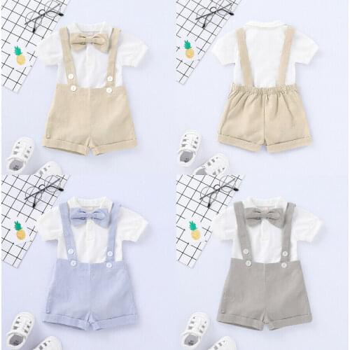 Newborn Baby Boy Clothes Short Sleeve Romper+Strap Bib Pants Bow 3pcs Gentleman Clothes Set