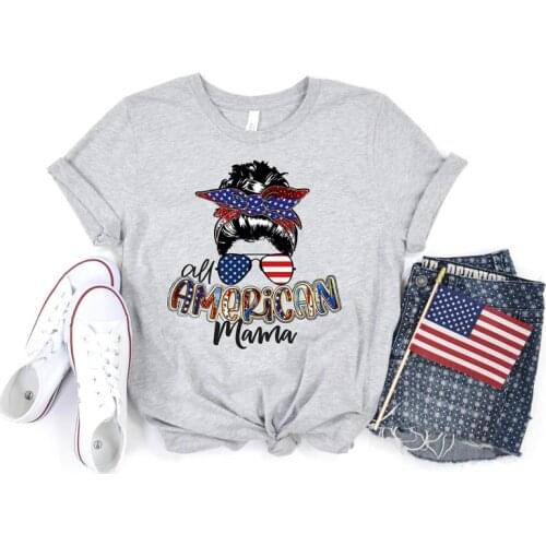 4th of July All American Mama Freedom Fourth Patriotic Independence Day Shirts Short Sleeve 100% Cotton Top Tee O Neck Unisex