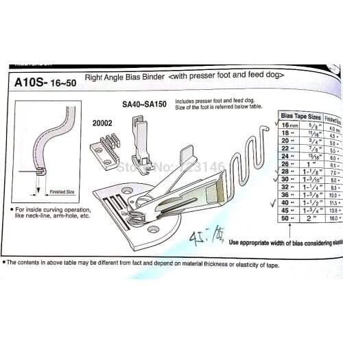 A10S 30 MM1-3/16 FINISHED SIZE 8.0MM MADE IN TAIWAN LOCKSTITCH RIGHT ANGLE TAPE BIAS BINDER (with presser foot and feet dog)