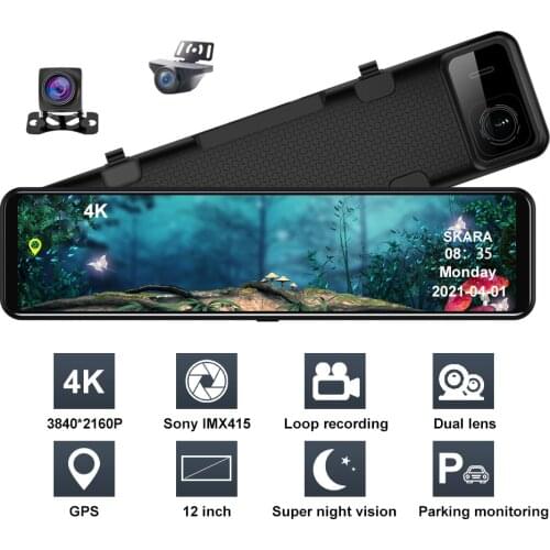 Car DVR Camera 4K 12 Inch Sony IMX415 Ultra HD 3840*2160P Auto Driving Video Recorders Rear View Mirror Dual Lens Dash Cam GPS