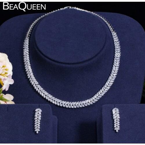 BeaQueen Fashion Leaf Shape Cubic Zirconia Round Choker Necklace Earrings Sets Evening Party Dress Jewelry for Women JS063