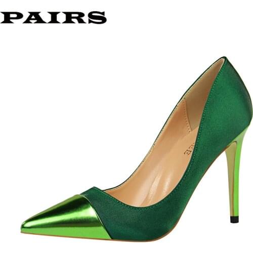 BIGTREE Women Bridal Wedding Shoes Silk Satin Bling Point Toe Shallow Woman Pumps Stiletto High Heel Office Shoe Green Heels